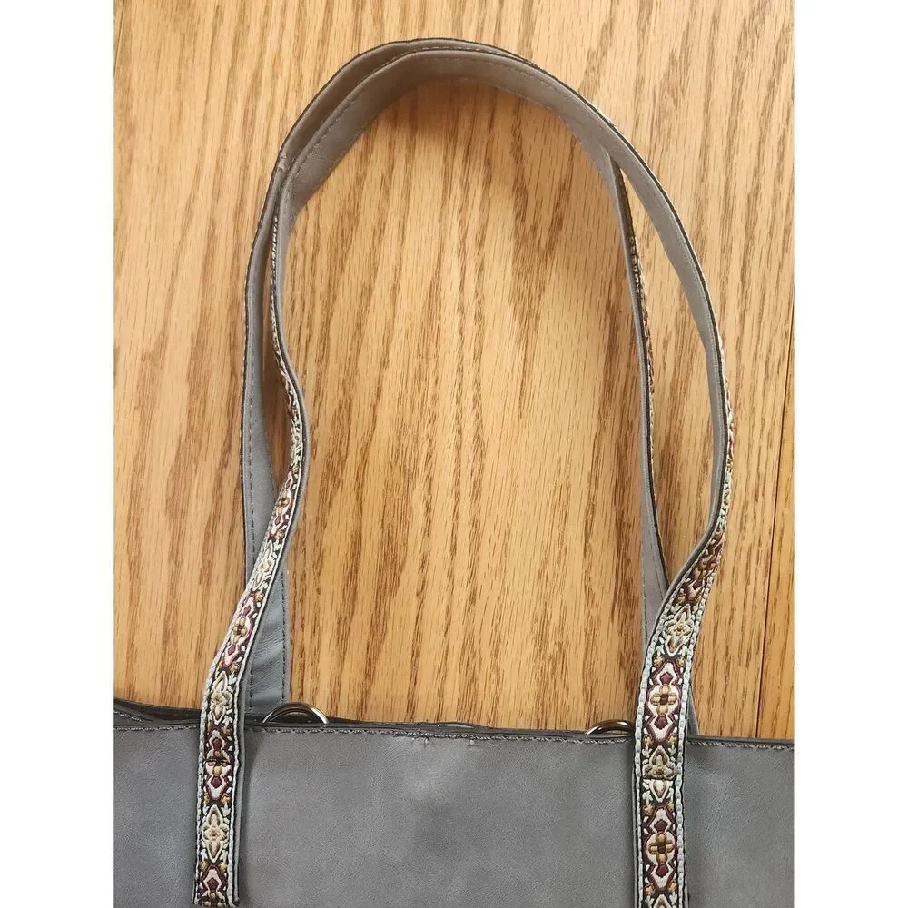 Gray Southwestern Tote Bag w turquois & Silver studs & Embroidered Floral Straps